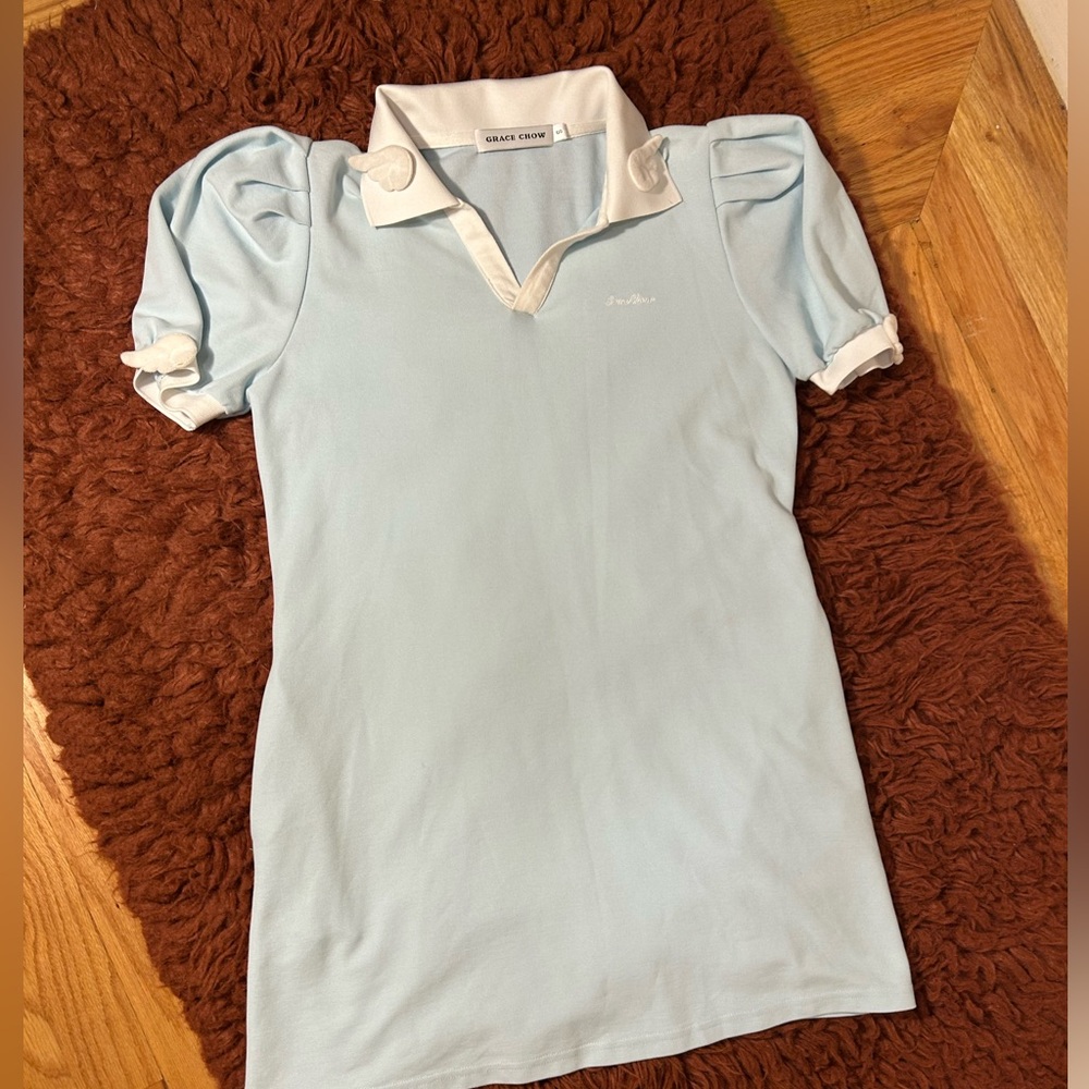 Grace Chow powder blue short sleeve mini shirt dress collared 3D wings Small - Picture 12 of 14